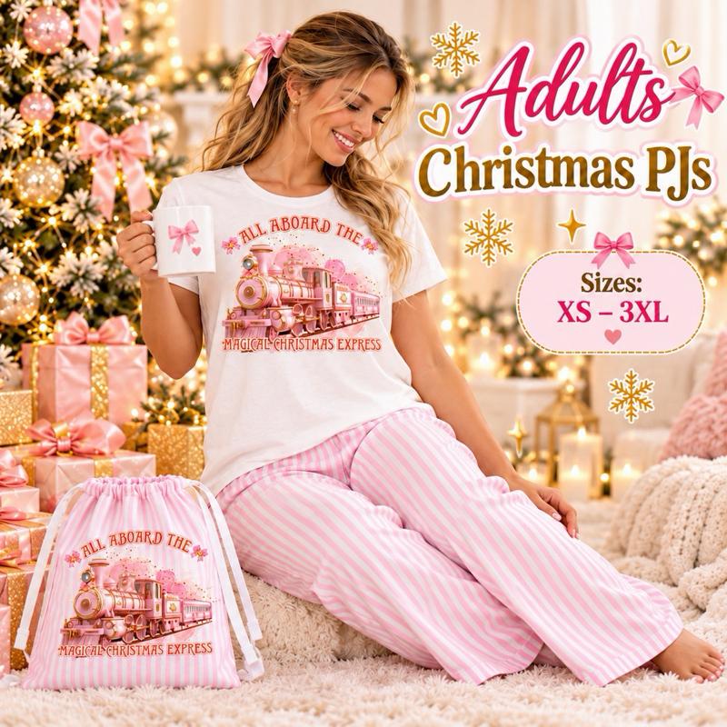 Matching Christmas PJs All Aboard The Magical Christmas Express Adults XS-3XL Kids 3-14 Years Pink Striped Set with Bag - Me And You You And Me Co 