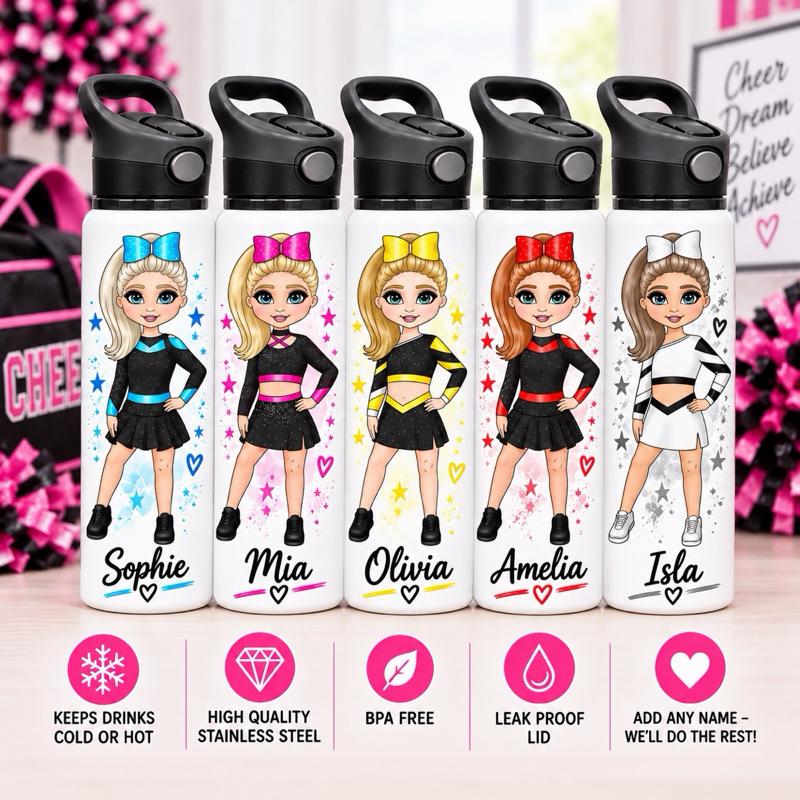 Personalised Cheer Water Bottle - Aluminium, 650ml Capacity - Choose leotard colour, Hair, Eye and Skin Details - Drinkware - Me And You You And Me Co 