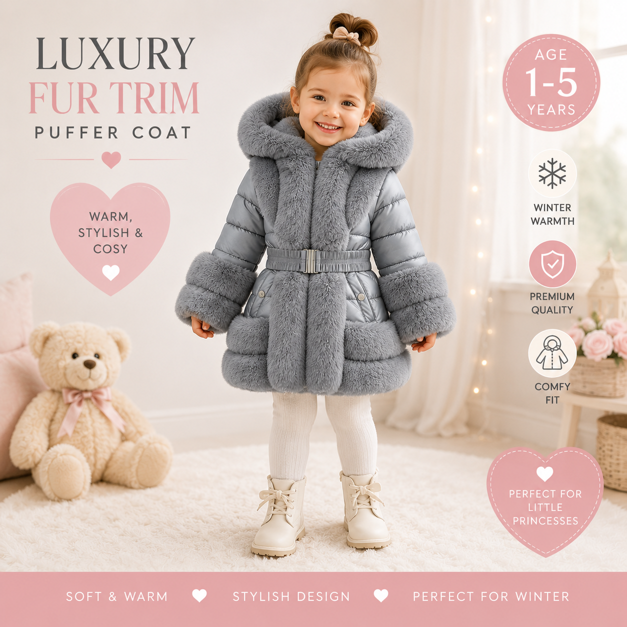 Grey Faux Fur Padded Kids Coat - Stylish & Cozy Winter Wear with Pockets for Infants to Juniors