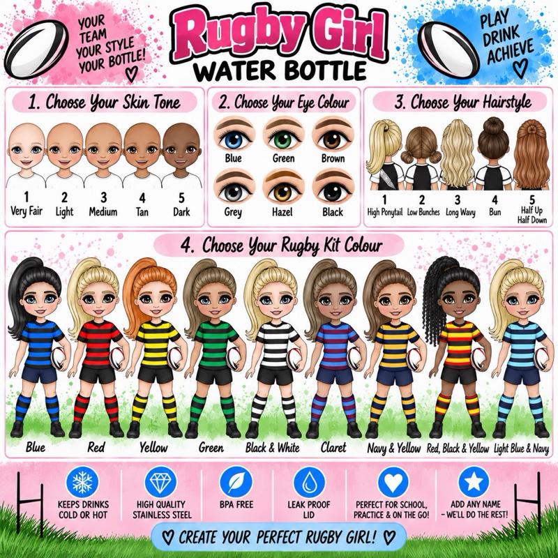 Personalised Rugby Girls Water Bottle - Aluminium, 650ml Capacity - Choose kit colour, Hair, Eye and Skin Details - Drinkware
