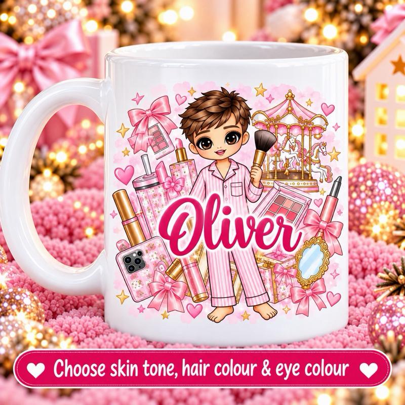 Personalised Pink Carousel Make Up Boy Mug - Choose skin tone, hair and eye colour - Me And You You And Me Co 
