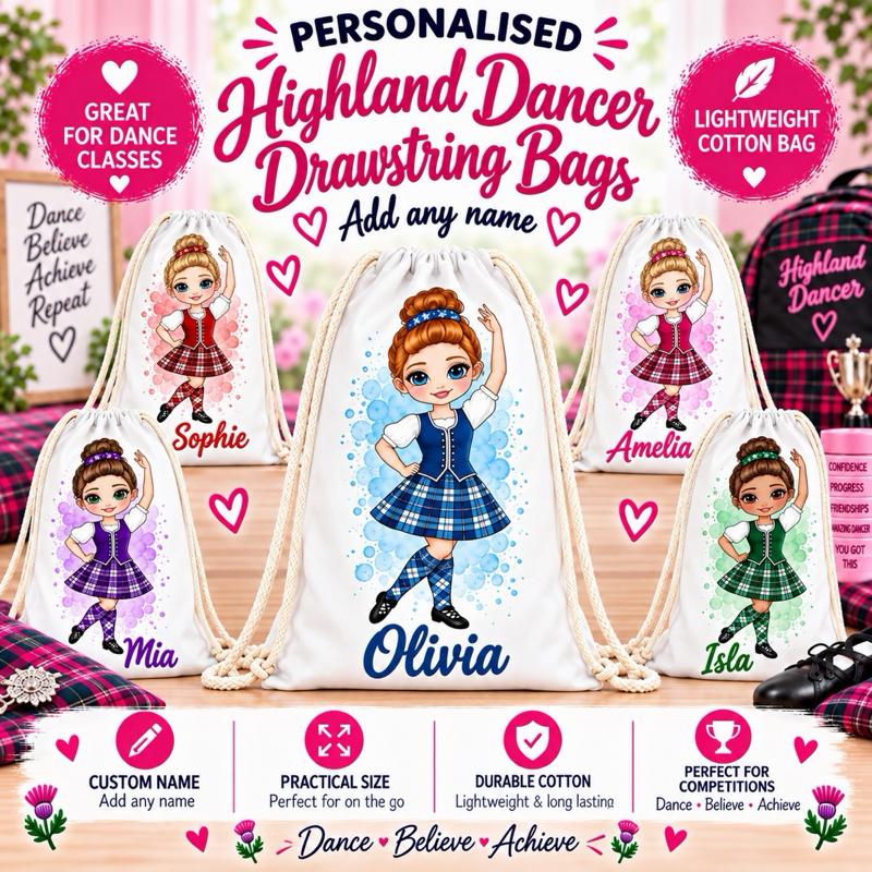 Personalised Highland Dancing Drawstring Bag - Choose dress colour, skin tone, hair and eye colour - Me And You You And Me Co 