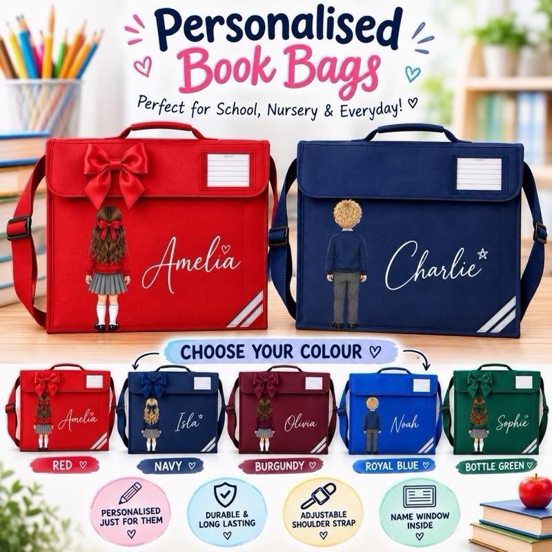 Personalised Book Bags for School Nursery & Everyday in Red Navy Burgundy Royal Blue Bottle Green with Adjustable Shoulder Strap and Name Window Inside - Me And You You And Me Co 