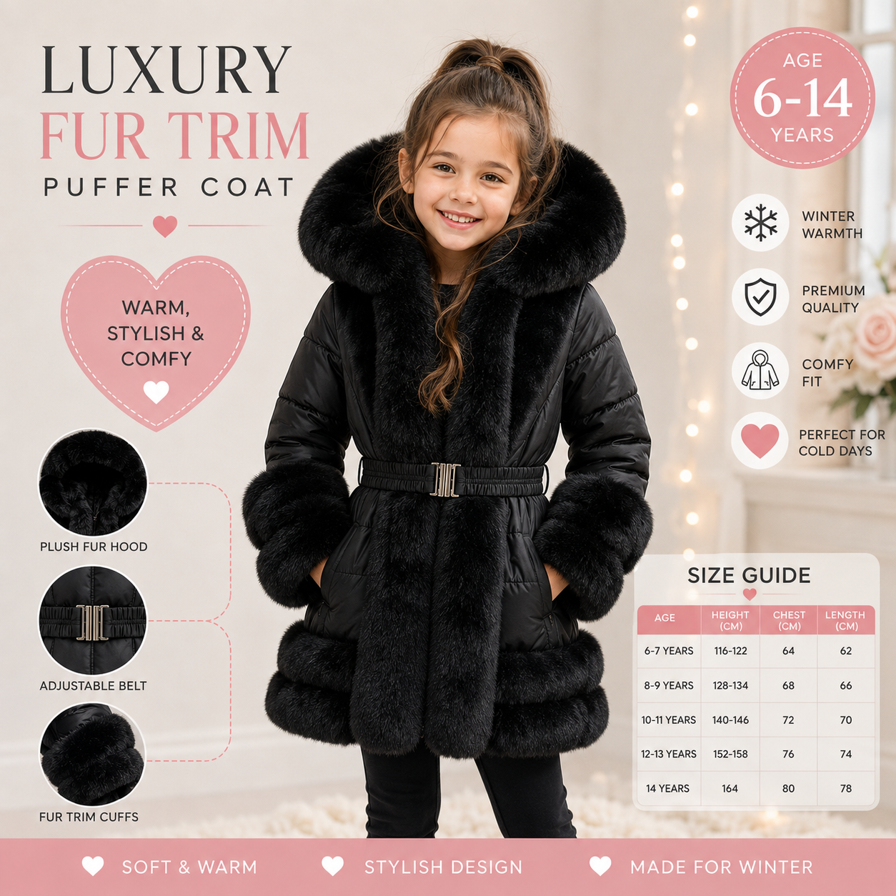 Black Faux Fur Padded Kids Coat - Stylish & Cozy Winter Wear with Pockets for Infants to Juniors