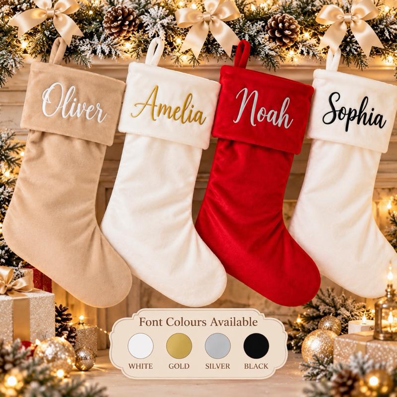 Personalised Velvet Christmas Stockings red white beige - Me And You You And Me Co 