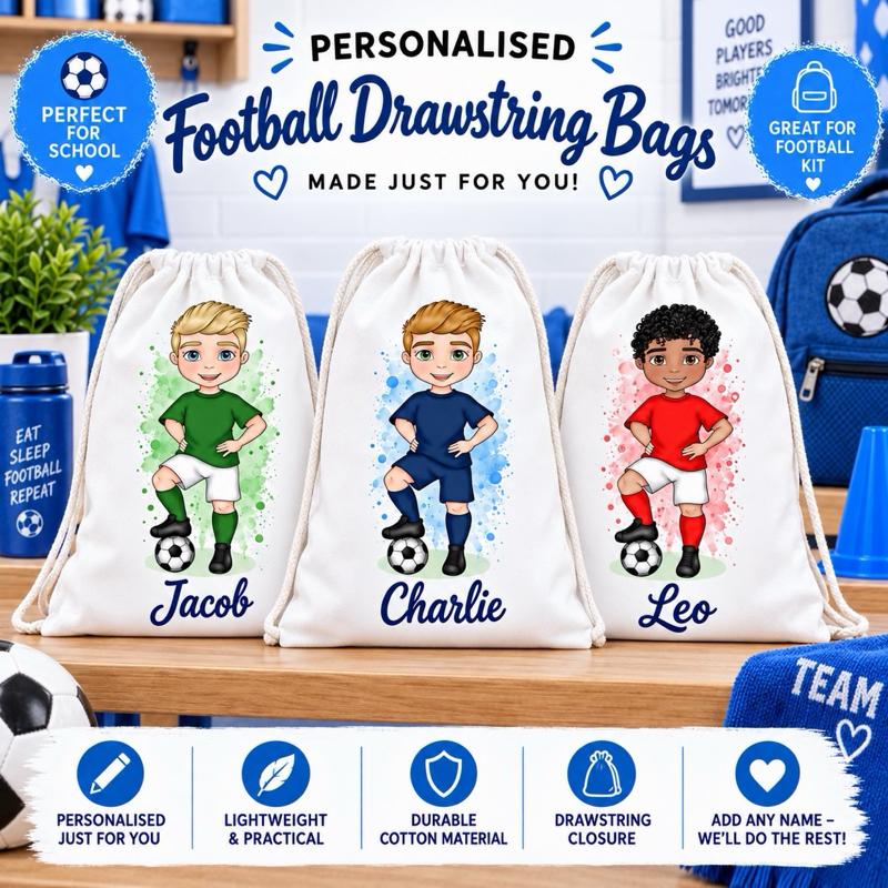 Personalised Football Boy Drawstring Bag - Choose kit colour, skin tone, hair and eye colour - Me And You You And Me Co 