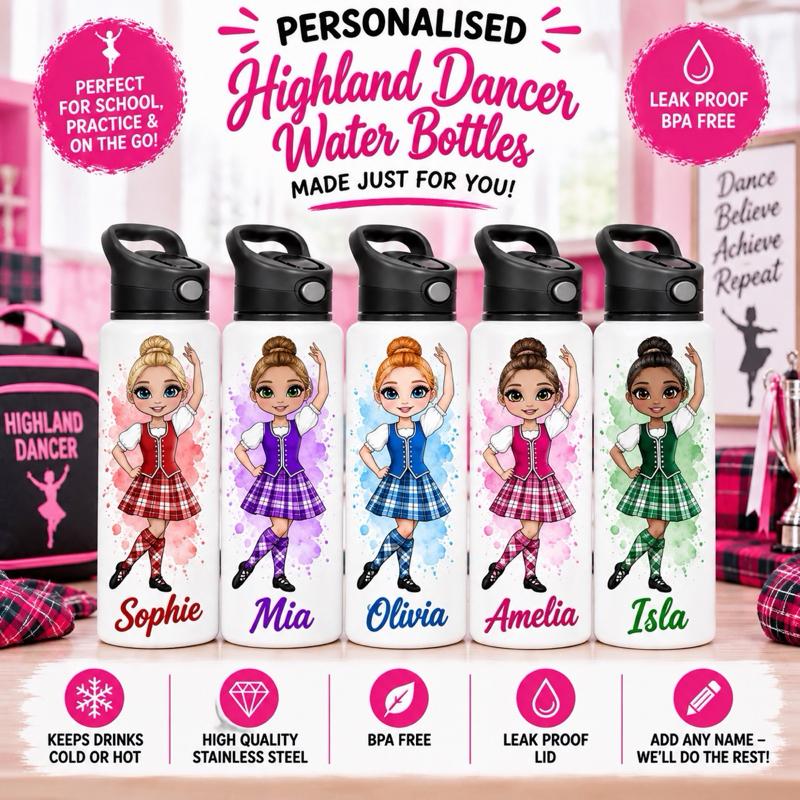 Personalised Highland Dancing Water Bottle - Aluminium, 650ml Capacity - Choose leotard colour, Hair, Eye and Skin Details - Drinkware
