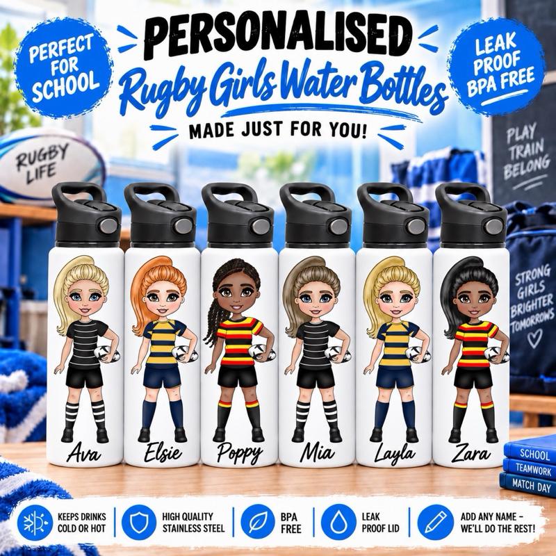 Personalised Rugby Girls Water Bottle - Aluminium, 650ml Capacity - Choose kit colour, Hair, Eye and Skin Details - Drinkware