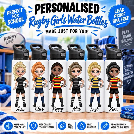 Personalised Rugby Girls Water Bottle - Aluminium, 650ml Capacity - Choose kit colour, Hair, Eye and Skin Details - Drinkware - Me And You You And Me Co 