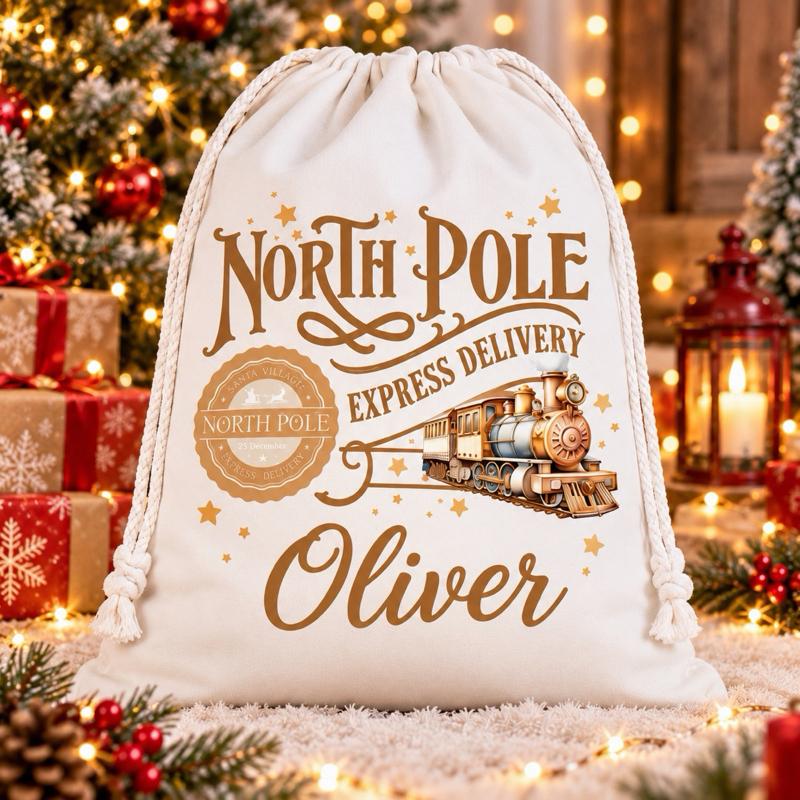 Personalised Christmas Large North Pole Sacks 49 x 67cm Choose from 5 Designs blue red green gold or pink - Me And You You And Me Co 
