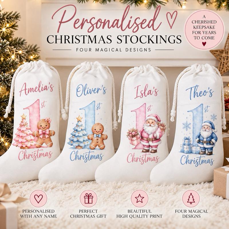 Personalised First Christmas Stockings Gingerbread and Santa Designs - Me And You You And Me Co 