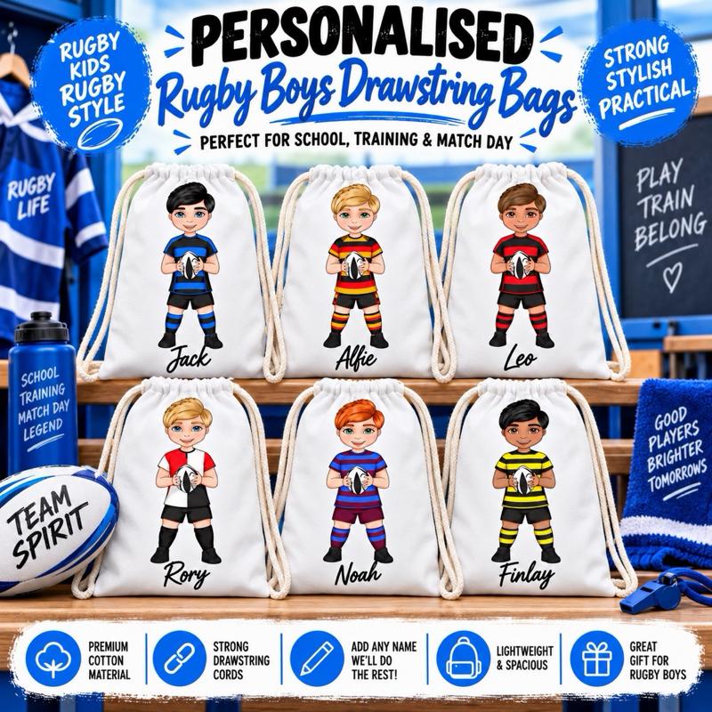 Personalised Rugby Boy Drawstring Bag - Choose kit colour, skin tone, hair and eye colour - Me And You You And Me Co 
