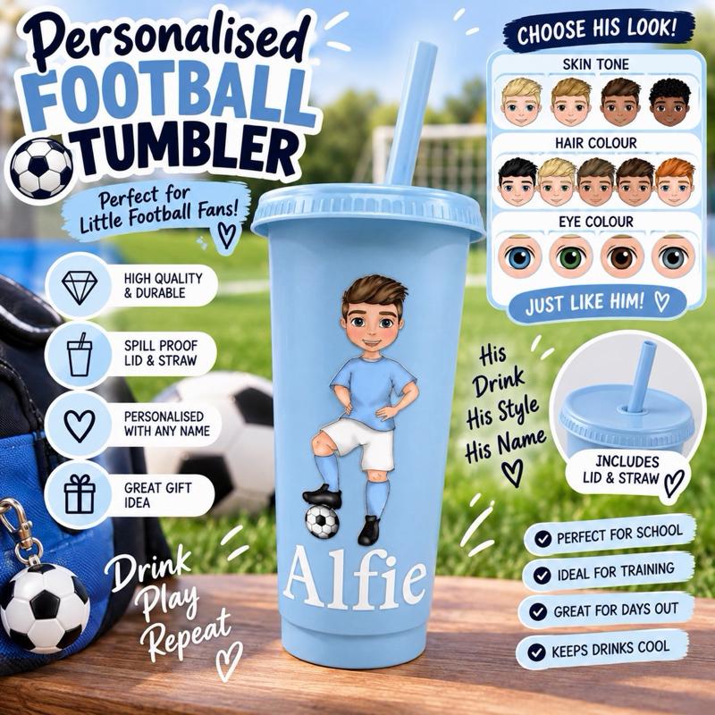 Personalised Football Cold Cups - 16oz and 24oz cups - choose skin tone hair and eye colour