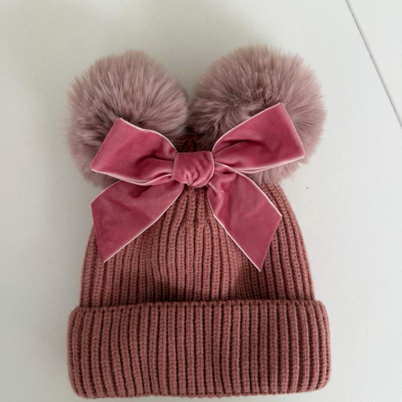 Cozy Knit Beanie with Velvet Bow and Pom-Poms in Grey Pink and Red for children