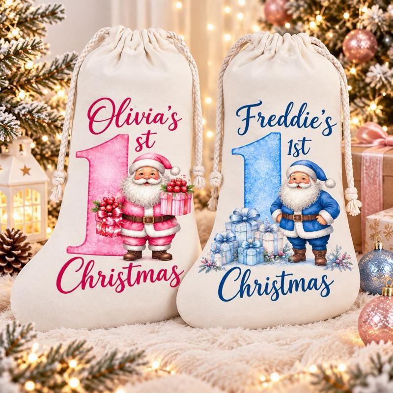 Personalised First Christmas Santa Stockings - choose pink blue or red design - Me And You You And Me Co 