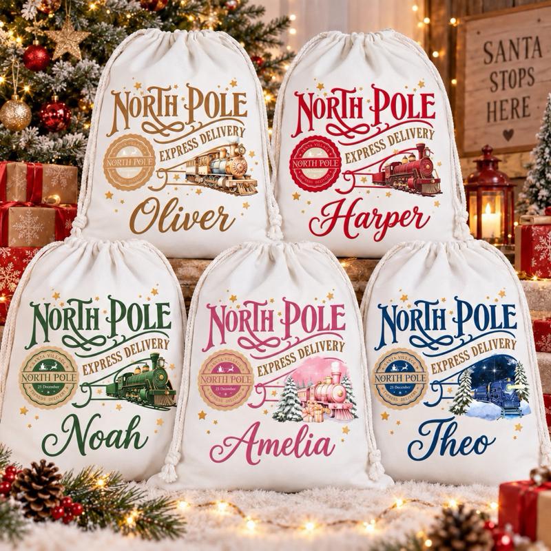 Personalised Christmas Large North Pole Sacks 49 x 67cm Choose from 5 Designs blue red green gold or pink - Me And You You And Me Co 