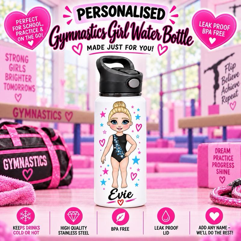 Personalised Gymnastics Water Bottle - Aluminium, 650ml Capacity - Choose leotard colour, Hair, Eye and Skin Details - Drinkware