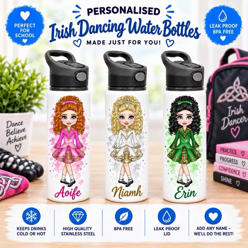 Personalised Irish Dancing Water Bottle - Aluminium, 650ml Capacity - Choose football kit colour, Hair, Eye and Skin Details - Drinkware