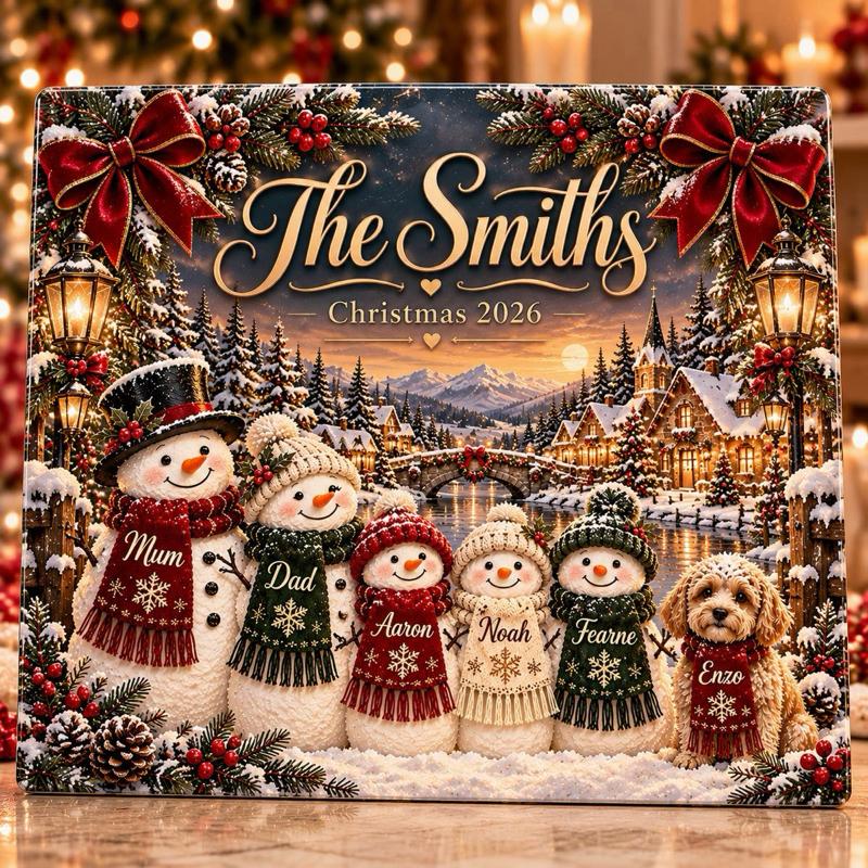 Personalised Christmas Cutting Board Family Snowman Perfect Christmas Gift 28cmx20cm Durable Glass Heat - choose names and number of snowmen and pets - Me And You You And Me Co 
