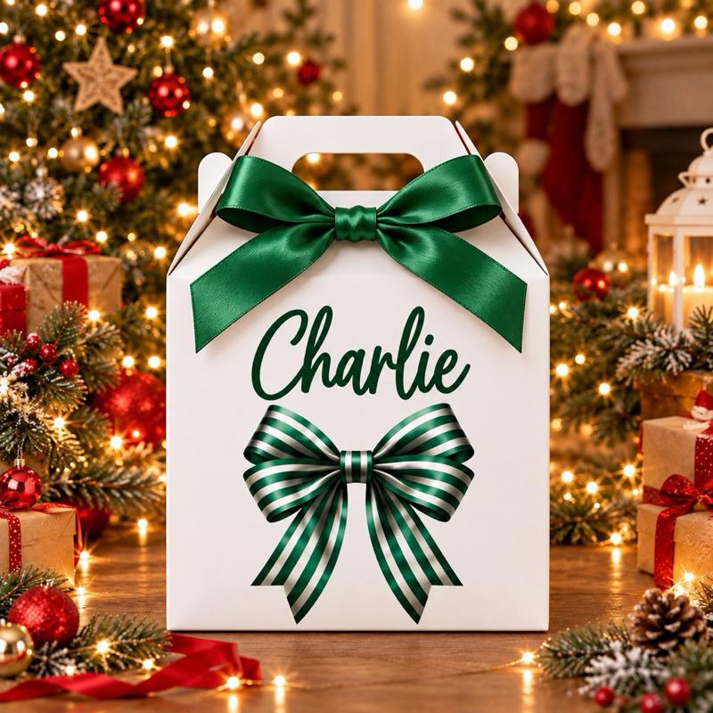 Personalised Christmas Bow Treat Box - choose from pink blue green red or gold designs - Me And You You And Me Co 