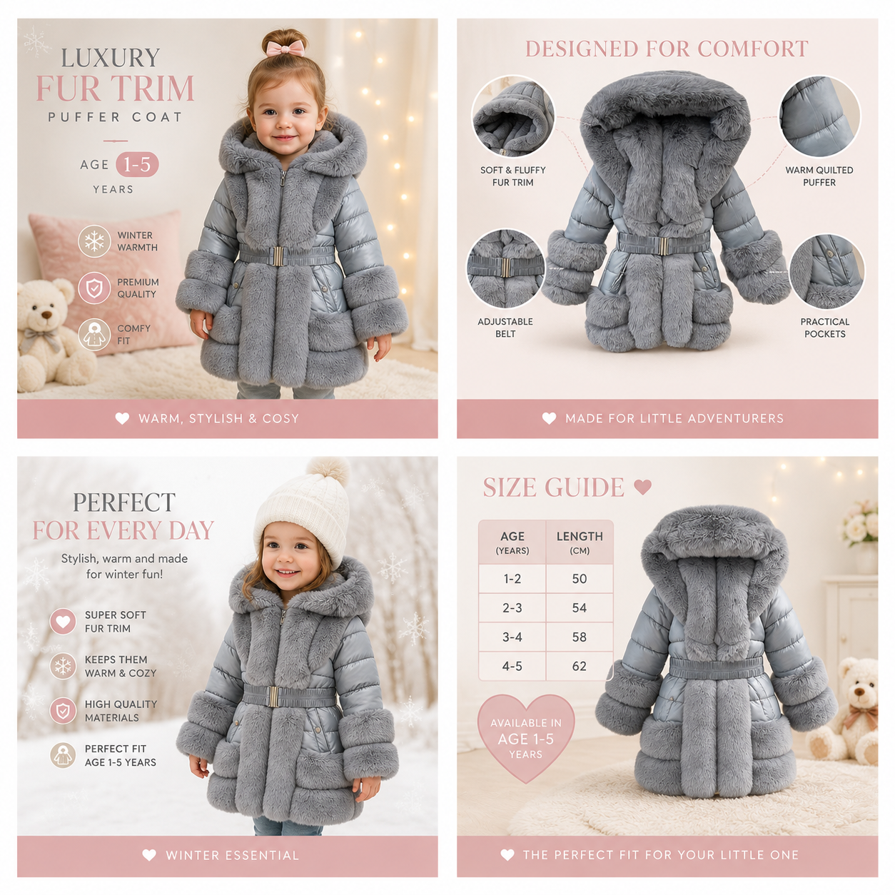Grey Faux Fur Padded Kids Coat - Stylish & Cozy Winter Wear with Pockets for Infants to Juniors