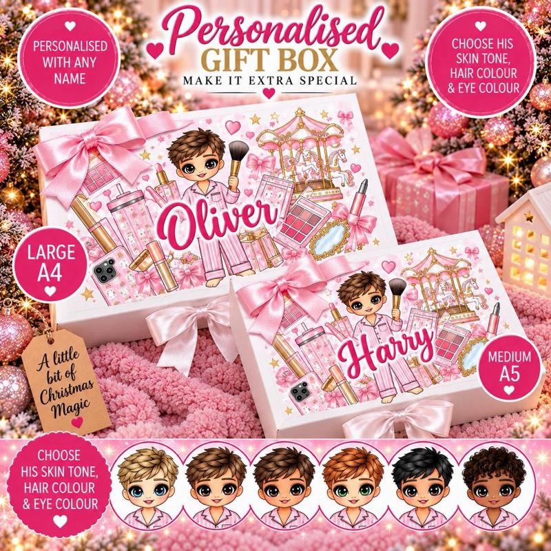 Personalised Pink Carousel Make Up Boy Luxury Magnetic Ribbon Gift box - medium and large sizes - choose skin tone, hair and eye colour - Me And You You And Me Co 