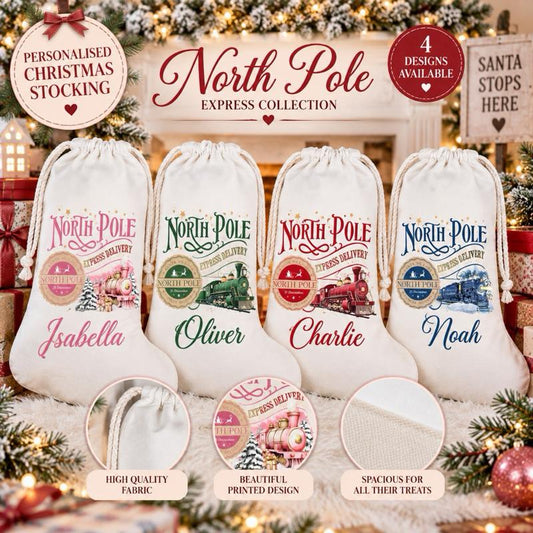 Personalised Christmas North Pole Stockings with - choose pink blue green gold or red design