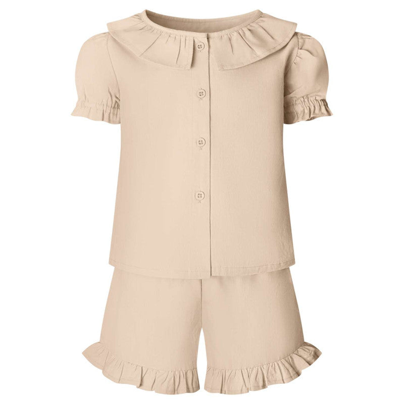 Embroidered Linen T-Shirt & Short Frill Sets