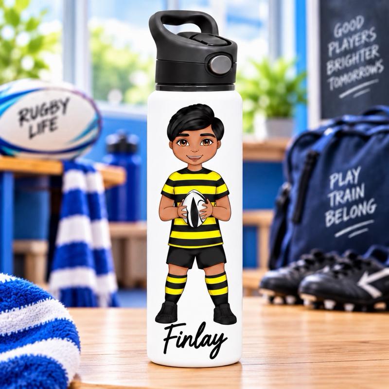 Personalised Rugby Boy Water Bottle - Aluminium, 650ml Capacity - Choose football kit colour, Hair, Eye and Skin Details - Drinkware