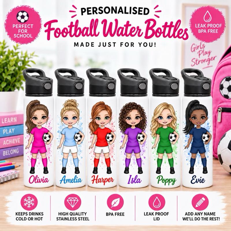 Personalised Girls Football Water Bottle - Aluminium, 650ml Capacity - Choose football kit colour, Hair, Eye and Skin Details - Drinkware