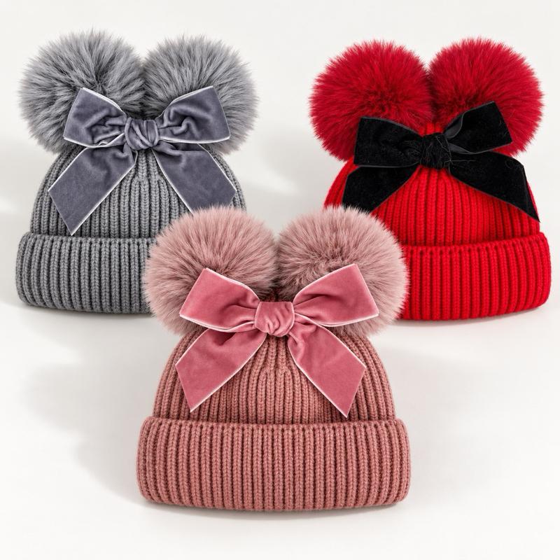 Cozy Knit Beanie with Velvet Bow and Pom-Poms in Grey Pink and Red for children