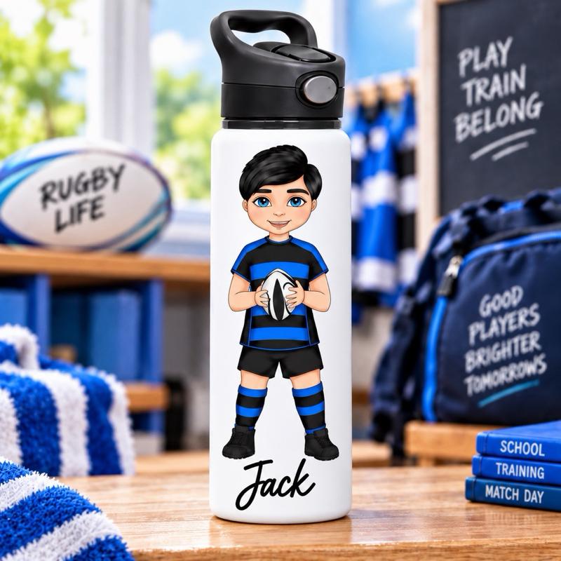 Personalised Rugby Boy Water Bottle - Aluminium, 650ml Capacity - Choose football kit colour, Hair, Eye and Skin Details - Drinkware