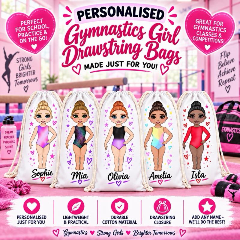 Personalised Gymnastics Drawstring Bag - Choose leotard colour, skin tone, hair and eye colour - Me And You You And Me Co 