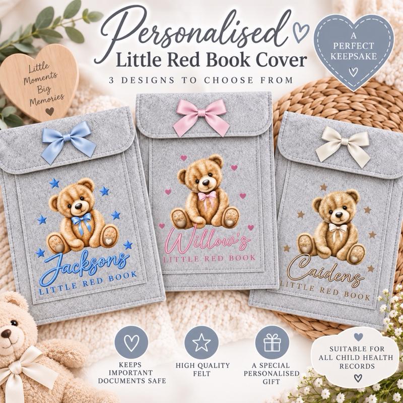 Personalised Little Red Book Holder - 3 Designs to Choose From, High Quality Felt, Keeps Important Documents Safe, Special Gift for Child Health Records