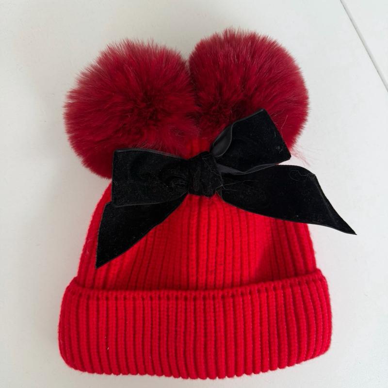 Cozy Knit Beanie with Velvet Bow and Pom-Poms in Grey Pink and Red for children