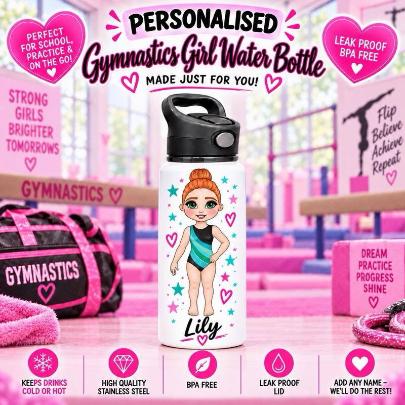 Personalised Gymnastics Water Bottle - Aluminium, 650ml Capacity - Choose leotard colour, Hair, Eye and Skin Details - Drinkware