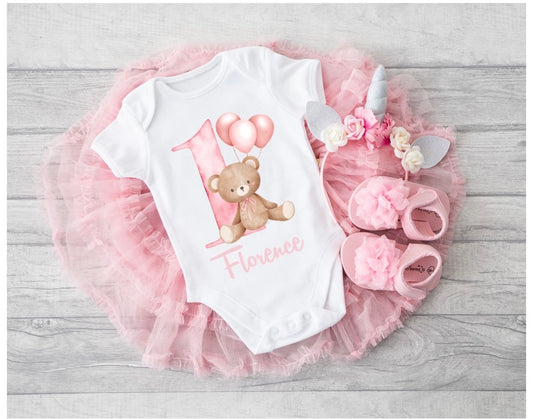 Teddy Bear Pink Balloons 1st Birthday Bodysuit