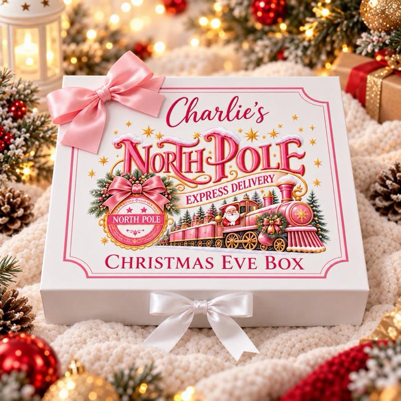 Personalised Christmas North Pole Snow Luxury Magnetic Ribbon Gift box - medium and large sizes - 4 designs to choose from - Me And You You And Me Co 