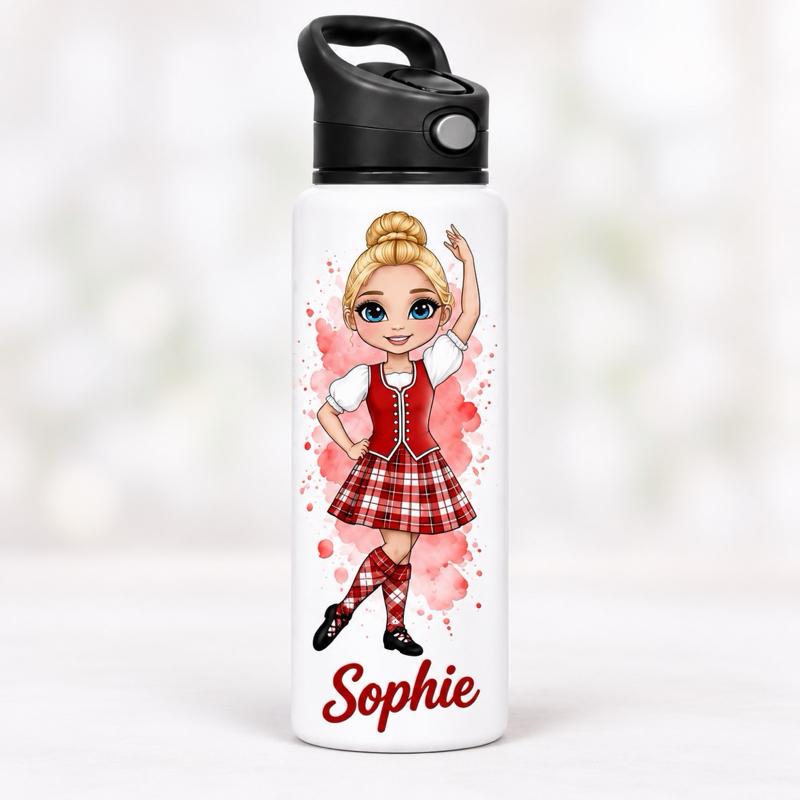 Personalised Highland Dancing Water Bottle - Aluminium, 650ml Capacity - Choose leotard colour, Hair, Eye and Skin Details - Drinkware