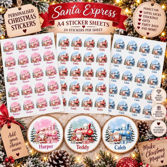 Personalised Christmas Train and Santa Stickers - choose from pink, blue or red designs