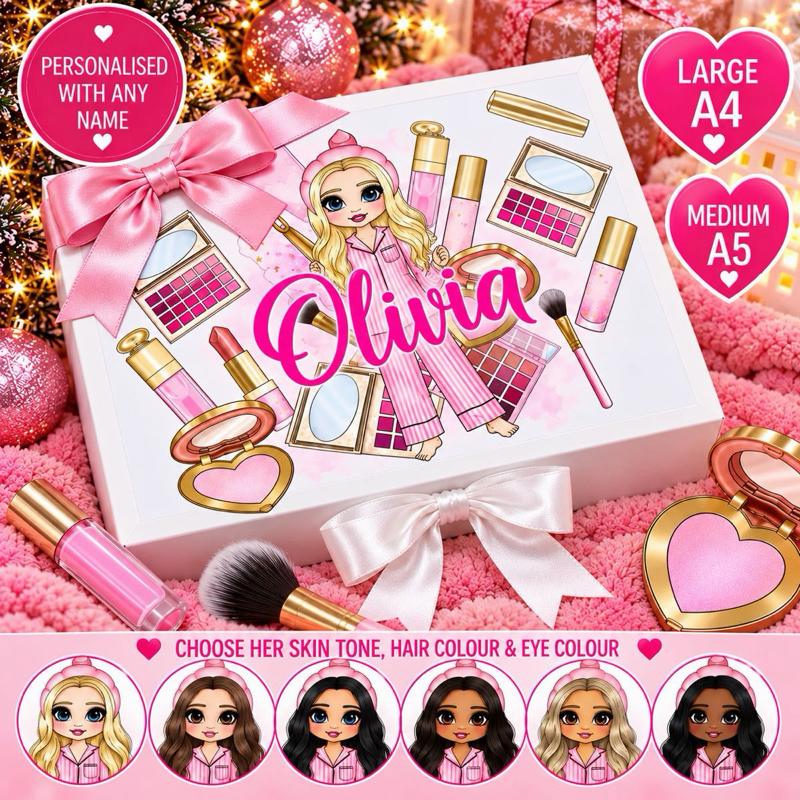 Personalised Pink Make Up Girl Luxury Magnetic Ribbon Gift box - medium and large sizes - choose skin tone, hair and eye colour - Me And You You And Me Co 
