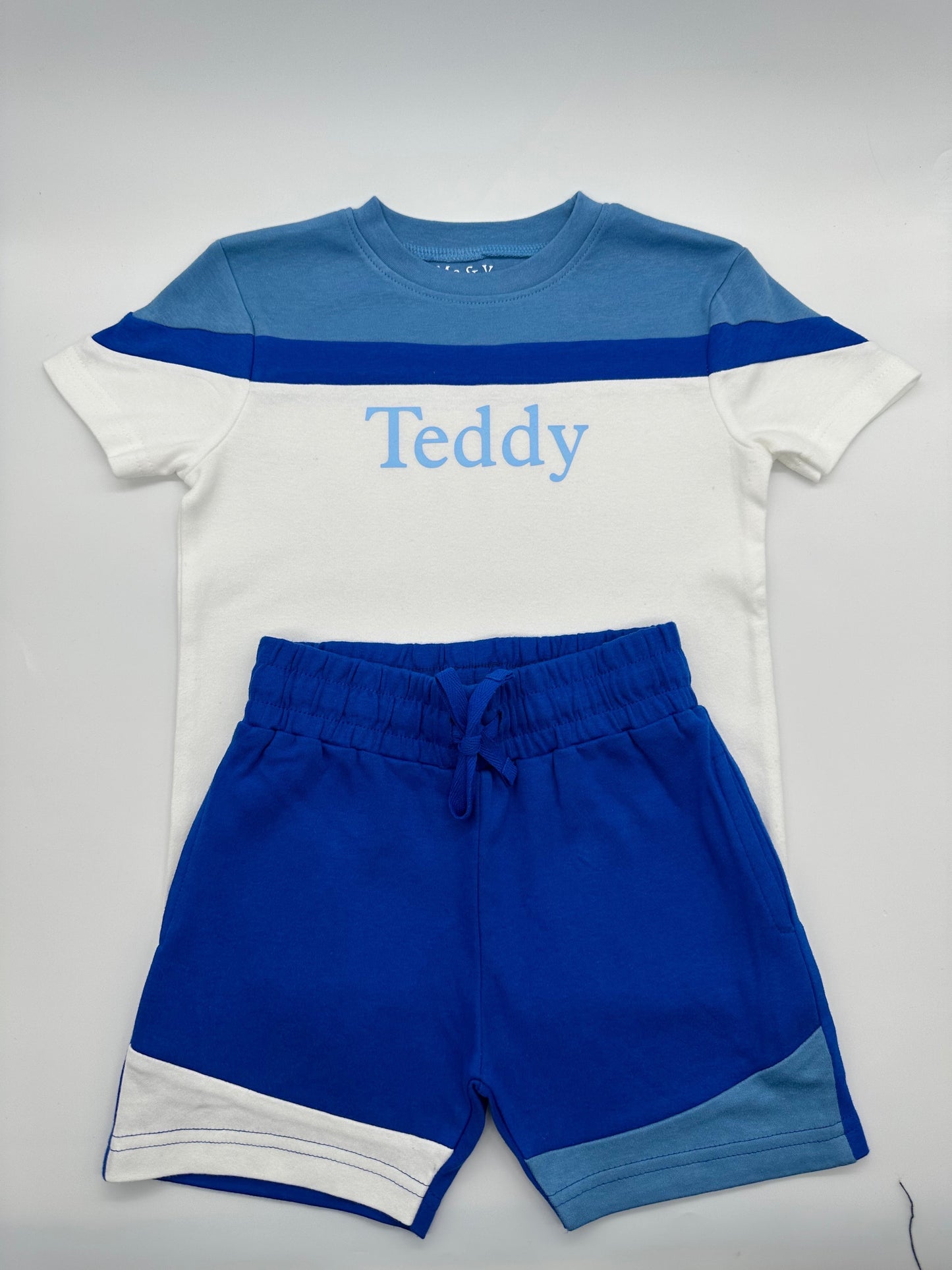 Blue Colour Block T-Shirt & Shorts Set