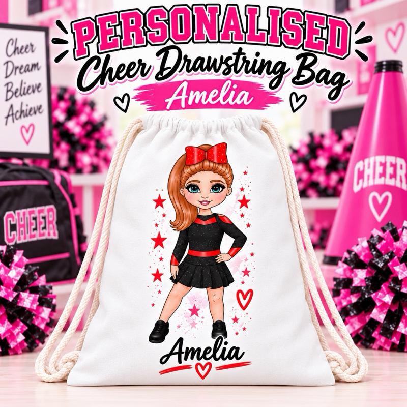 Personalised Cheer Drawstring Bag - Choose leotard colour, skin tone, hair and eye colour - Me And You You And Me Co 