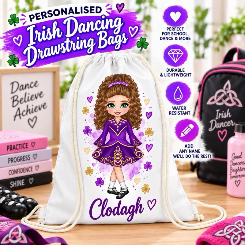 Personalised Irish Dancing Drawstring Bag - Choose dress colour, skin tone, hair and eye colour - Me And You You And Me Co 