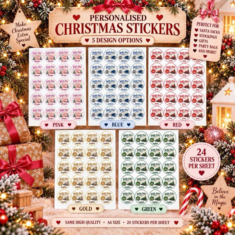 Personalised Christmas North Pole Express Stickers - choose from pink blue gold red and green designs - Me And You You And Me Co 
