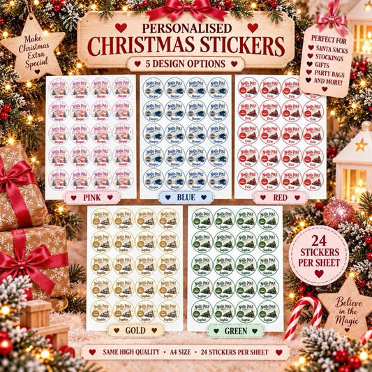 Personalised Christmas North Pole Express Stickers - choose from pink blue gold red and green designs