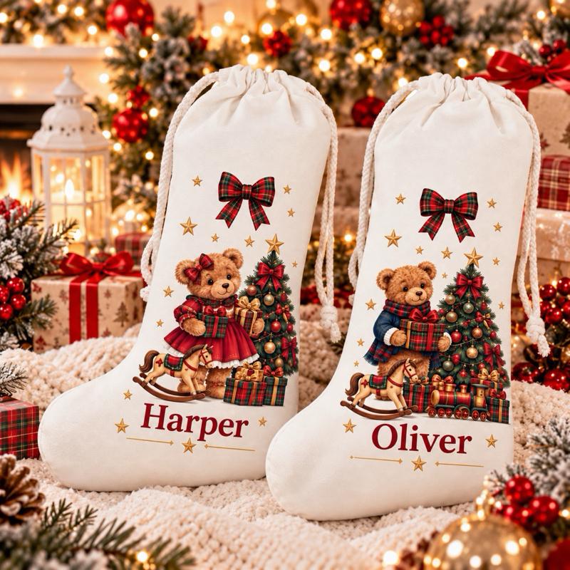 Personalised Vintage Teddy Bear Christmas Stockings with Santa and Train - choose boy or girl design - Me And You You And Me Co 