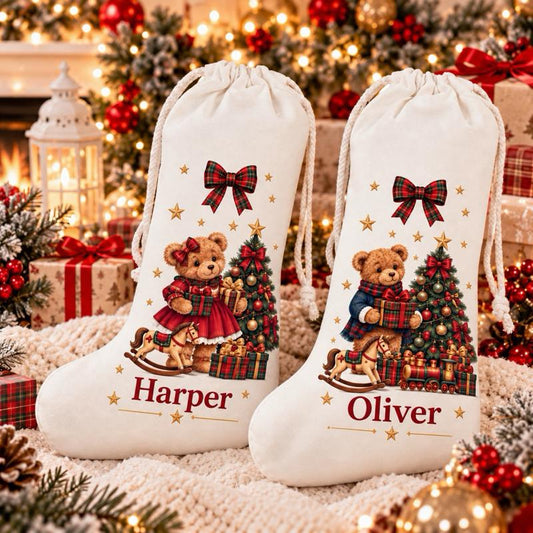 Personalised Vintage Teddy Bear Christmas Stockings with Santa and Train - choose boy or girl design - Me And You You And Me Co 