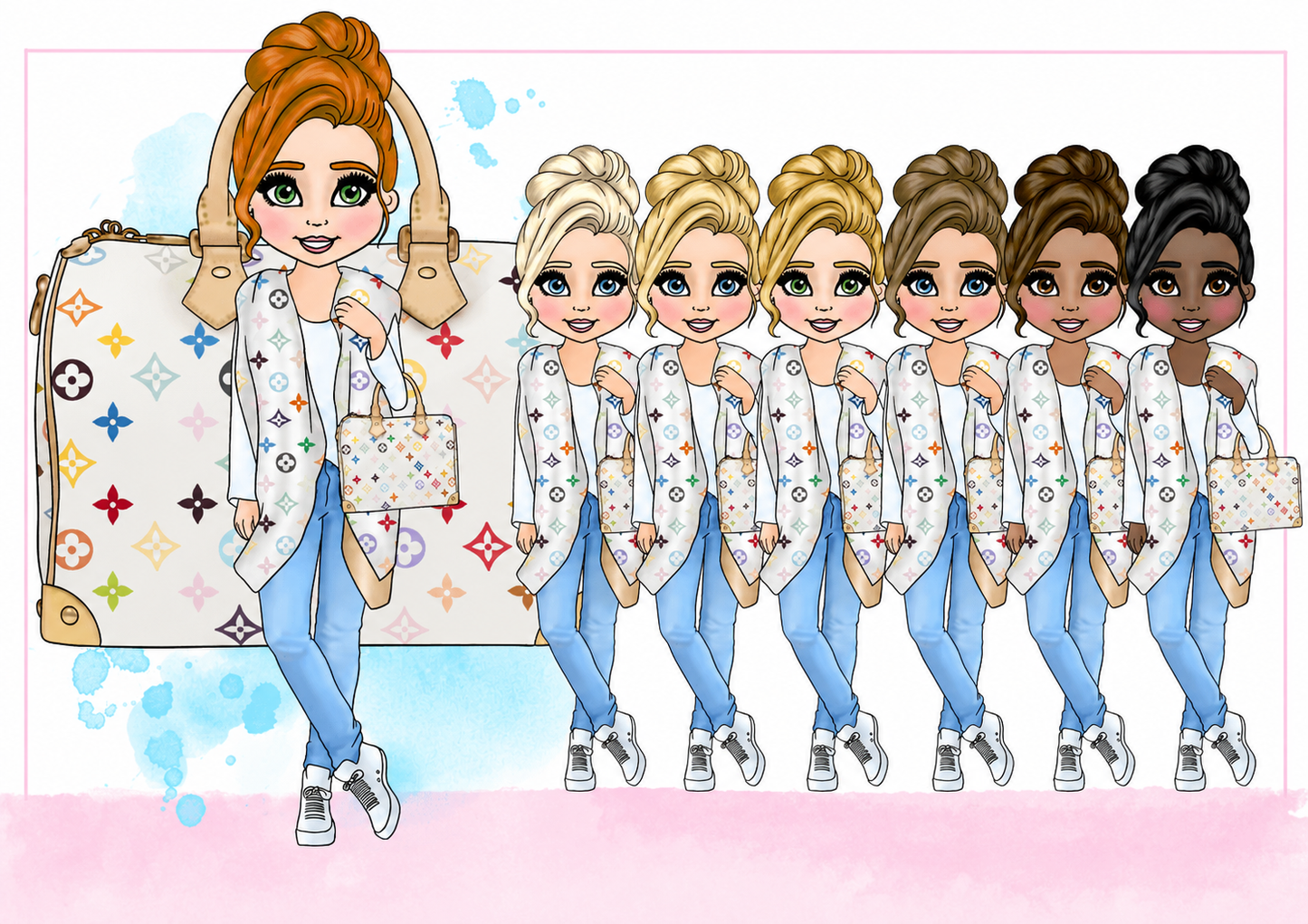 Personalised LV Rainbow Bag Dolly - pick skin tone, hair colour and eye colour