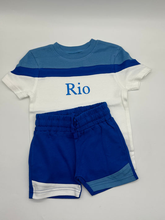 Blue Colour Block T-Shirt & Shorts Set